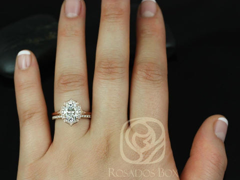 2ct Mae 9x7mm & Pernella 14kt Rose Gold Forever One Moissanite Diamond Art Deco Unique Oval Halo Bridal Set - Rosados Box
