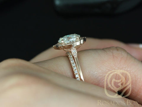 2ct Mae 9x7mm & Pernella 14kt Rose Gold Forever One Moissanite Diamond Art Deco Unique Oval Halo Bridal Set - Rosados Box