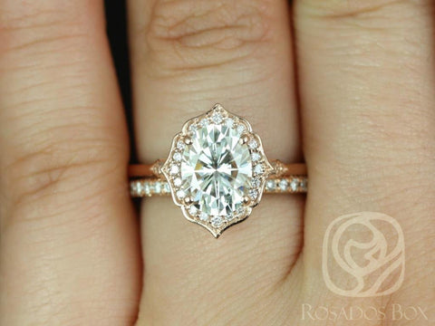 2ct Mae 9x7mm & Pernella 14kt Rose Gold Forever One Moissanite Diamond Art Deco Unique Oval Halo Bridal Set - Rosados Box