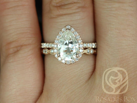 2ct Toni 10x7mm & Christie 14kt Rose Gold Moissanite Diamonds Art Deco Milgrain Pear Halo Bridal Set - Rosados Box