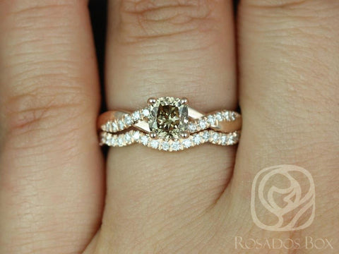 1.01ct Ready to Ship Tressa 14kt Rose Gold Cognac Champagne Diamond Crossover Cushion Solitaire with Accent Bridal Set