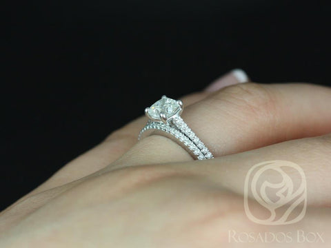 0.73ct Ready to Ship Marcelle 14kt White Gold Diamond Cathedral Cushion Solitaire Bridal Set - Rosados Box