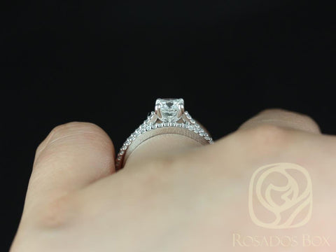 0.73ct Ready to Ship Marcelle 14kt White Gold Diamond Cathedral Cushion Solitaire Bridal Set - Rosados Box