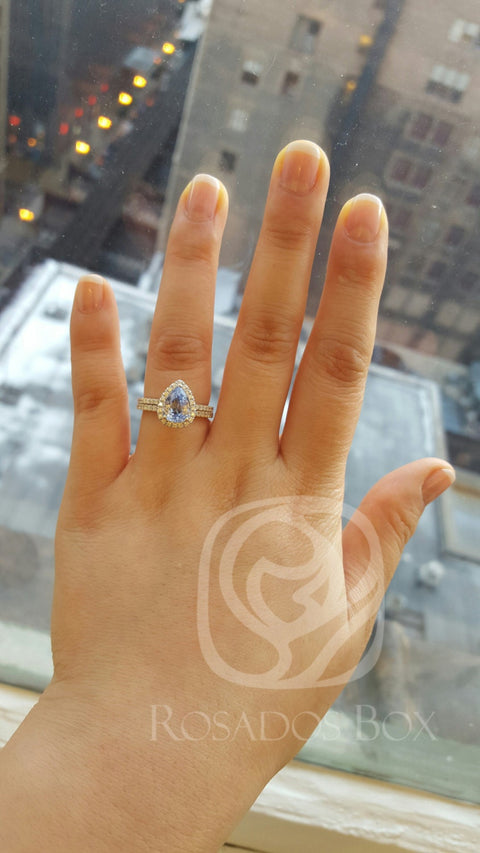 2.04ct Ready to Ship Toni 14kt White Gold Pear Icy Blue Sapphire Diamonds Dainty Pave Pear Halo Classic Bridal Set - Rosados Box