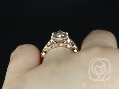 1.36ct Ready to Ship Katya 14kt Rose Gold Cognac Diamond WITHOUT Milgrain Kit Set Cushion Halo Bridal Set - Rosados Box