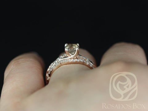 1.01ct Ready to Ship Tressa 14kt Rose Gold Cognac Champagne Diamond Crossover Cushion Solitaire with Accent Bridal Set - Rosados Box