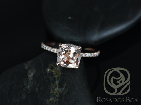 Ready to Ship Heidi 8mm 14kt Rose Gold Morganite Diamond Basket Cushion Solitaire Ring - Rosados Box