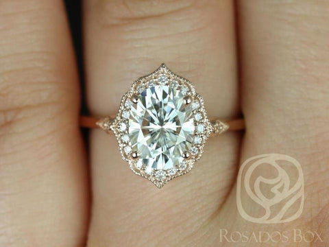 2ct Mae 9x7mm 14kt Rose Gold Moissanite Diamond WITH Milgrain Oval Halo Ring - Rosados Box