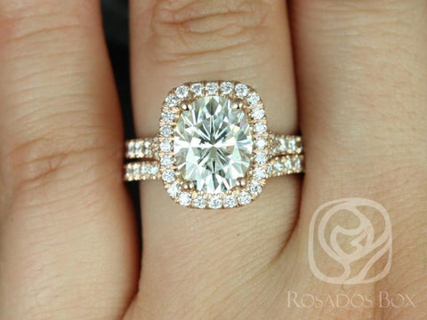 3ct Oval Forever One Moissanite Diamond Thin Mermaid Split Shank Cushion Halo Wedding Set Rings,14kt Rose Gold,Avery 10x8mm,Rosados Box - Rosados Box