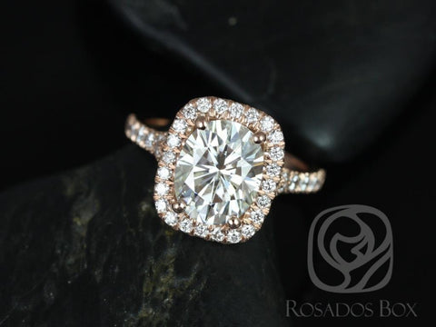 3ct Oval Moissanite Diamond Thin Mermaid Split Shank Cushion Halo Engagement Ring,14kt Solid Rose Gold,Avery 10x8mm,Rosados Box - Rosados Box