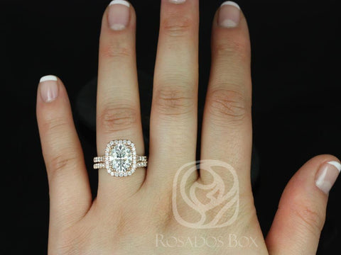 3ct Oval Forever One Moissanite Diamond Thin Mermaid Split Shank Cushion Halo Wedding Set Rings,14kt Rose Gold,Avery 10x8mm,Rosados Box - Rosados Box