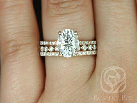 2ct Hillary 9x7mm & Naomi 14kt Moissanite Diamond Oval Solitaire TRIO Bridal Set - Rosados Box