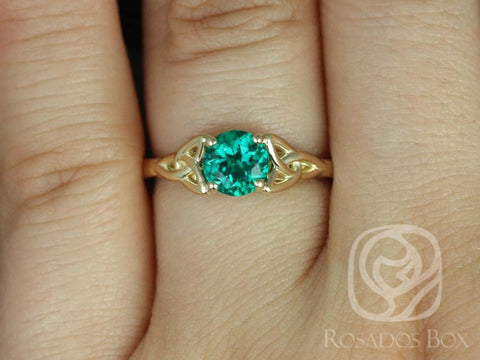 Ready to Ship Teagan 6mm 14kt Yellow Gold Green Emerald Art Deco Celtic Knot Round Solitaire Engagement Ring - Rosados Box