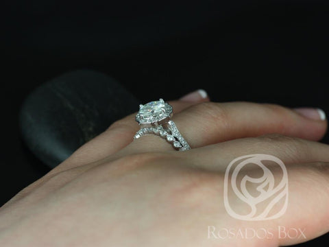 1.70ct Rori 7mm & Petite Naomi 14kt Gold W/O Milgrain Moissanite Diamond Kite Cushio Halo Bridal Set - Rosados Box
