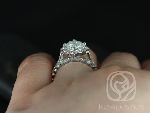 1.70ct Rori 7mm & Petite Naomi 14kt Gold W/O Milgrain Moissanite Diamond Kite Cushio Halo Bridal Set - Rosados Box