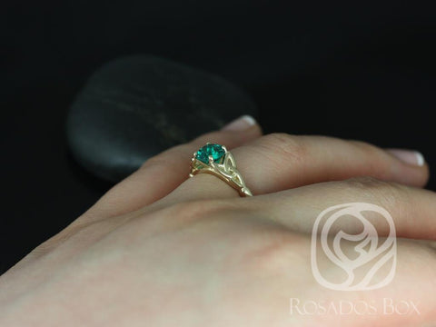 Ready to Ship Teagan 6mm 14kt Yellow Gold Green Emerald Art Deco Celtic Knot Round Solitaire Engagement Ring - Rosados Box