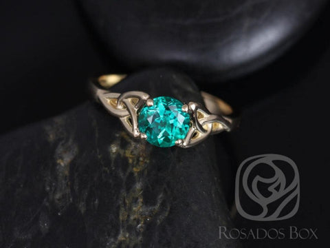 Ready to Ship Teagan 6mm 14kt Yellow Gold Green Emerald Art Deco Celtic Knot Round Solitaire Engagement Ring - Rosados Box