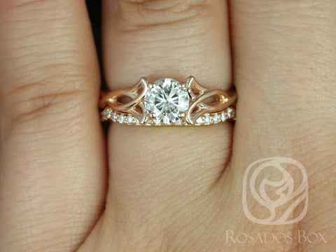 0.75cts Orla 6mm & DIA Band 14kt Gold Moissanite Diamonds Celtic Knot Triquetra Round Bridal Set - Rosados Box