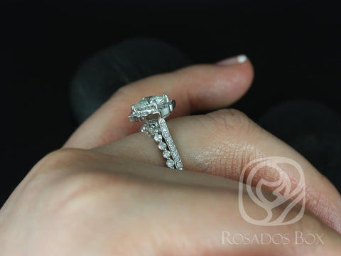 1.70ct Rori 7mm & Petite Naomi 14kt Gold W/O Milgrain Moissanite Diamond Kite Cushio Halo Bridal Set - Rosados Box