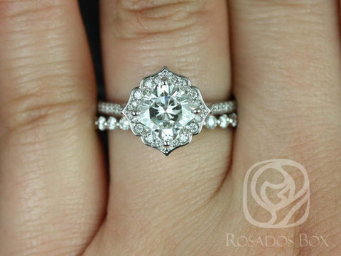 1.70ct Rori 7mm & Petite Naomi 14kt Gold W/O Milgrain Moissanite Diamond Kite Cushio Halo Bridal Set - Rosados Box