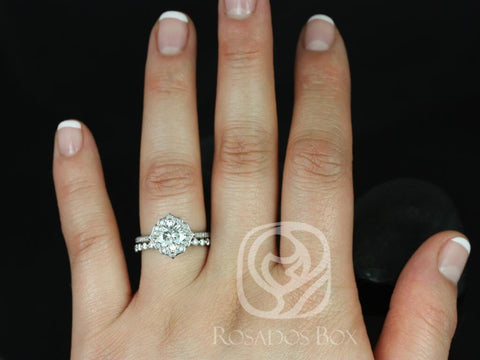 1.70ct Rori 7mm & Petite Naomi 14kt Gold W/O Milgrain Moissanite Diamond Kite Cushio Halo Bridal Set - Rosados Box