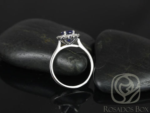 Ready to Ship Blossom 6.5mm 14kt White Gold Round Blue Sapphire Diamonds Flower Halo Engagement Ring