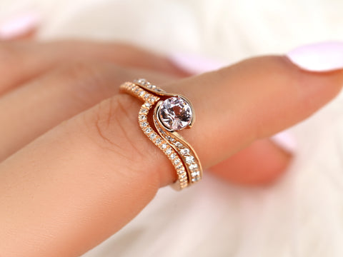 0.91ct Odala 14kt Rose Gold Peach Champagne Sapphire Diamonds Pave Bypass Round Bridal Set