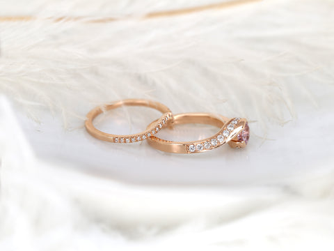 0.91ct Odala 14kt Rose Gold Peach Champagne Sapphire Diamonds Pave Bypass Round Bridal Set