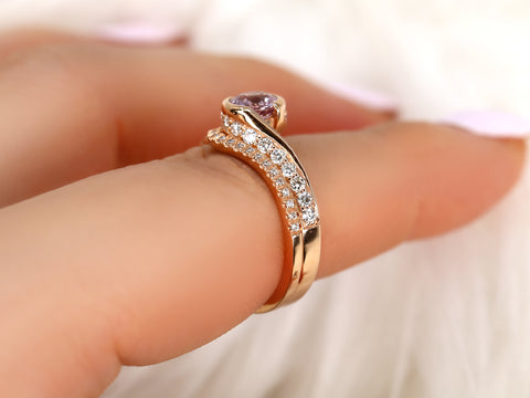 0.91ct Odala 14kt Rose Gold Peach Champagne Sapphire Diamonds Pave Bypass Round Bridal Set