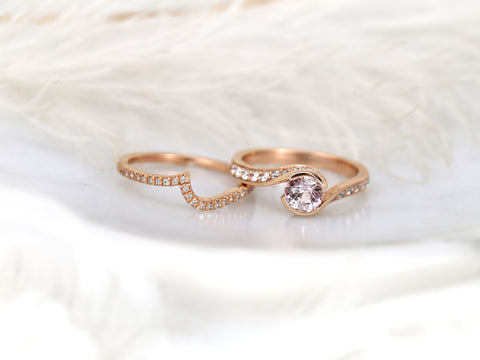 0.91ct Odala 14kt Rose Gold Peach Champagne Sapphire Diamonds Pave Bypass Round Bridal Set