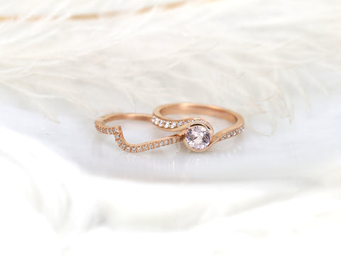 0.91ct Odala 14kt Rose Gold Peach Champagne Sapphire Diamonds Pave Bypass Round Bridal Set