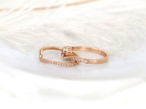 0.91ct Odala 14kt Rose Gold Peach Champagne Sapphire Diamonds Pave Bypass Round Bridal Set