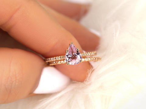 1.09ct Ann 14kt Rose Gold Peach Blush Sapphire Diamond Dainty Cathedral Bridal Set