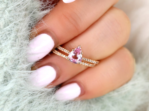 1.09ct Ann 14kt Rose Gold Peach Blush Sapphire Diamond Dainty Cathedral Bridal Set