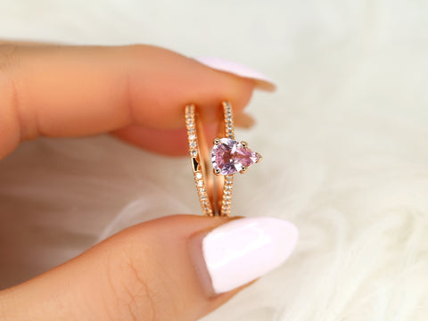 1.09ct Ann 14kt Rose Gold Peach Blush Sapphire Diamond Dainty Cathedral Bridal Set