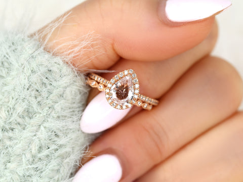 1.13ct Tabitha & Gwen 14kt Rose Gold Peach Champagne Sapphire Diamonds Pear Halo Bridal Set