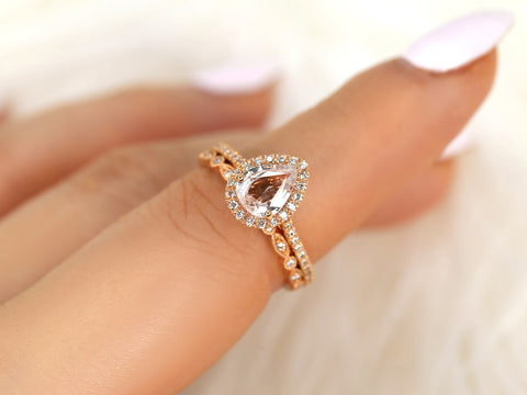 1.13ct Tabitha & Gwen 14kt Rose Gold Peach Champagne Sapphire Diamonds Pear Halo Bridal Set