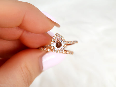 1.13ct Tabitha & Gwen 14kt Rose Gold Peach Champagne Sapphire Diamonds Pear Halo Bridal Set