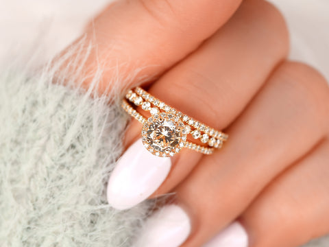 1.33ct Kubian 14kt Rose Gold Butter Champagne Sapphire Diamond Round Halo TRIO Bridal Set