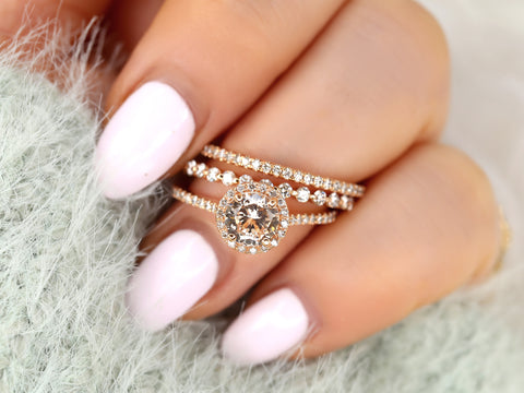 1.33ct Kubian 14kt Rose Gold Butter Champagne Sapphire Diamond Round Halo TRIO Bridal Set