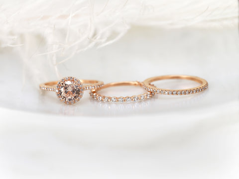 1.33ct Kubian 14kt Rose Gold Butter Champagne Sapphire Diamond Round Halo TRIO Bridal Set