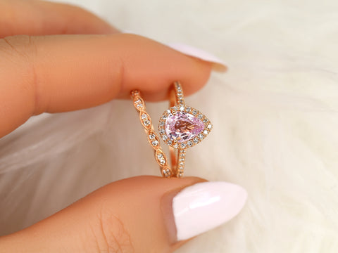 1.40ct Tabitha & Christie 14kt Rose Gold Raspberry Champagne Sapphire Diamond Pear Halo Bridal Set