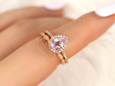 1.40ct Tabitha & Christie 14kt Rose Gold Raspberry Champagne Sapphire Diamond Pear Halo Bridal Set