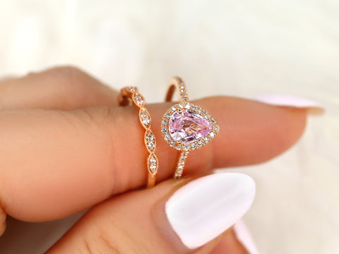 1.40ct Tabitha & Christie 14kt Rose Gold Raspberry Champagne Sapphire Diamond Pear Halo Bridal Set