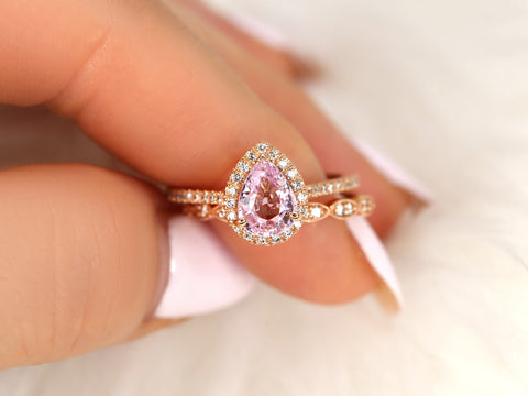 1.40ct Tabitha & Christie 14kt Rose Gold Raspberry Champagne Sapphire Diamond Pear Halo Bridal Set