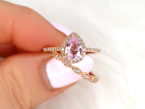 1.40ct Tabitha & Christie 14kt Rose Gold Raspberry Champagne Sapphire Diamond Pear Halo Bridal Set