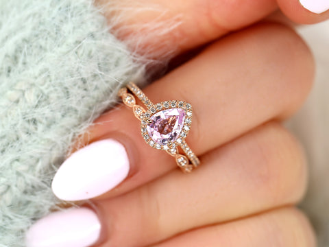1.40ct Tabitha & Christie 14kt Rose Gold Raspberry Champagne Sapphire Diamond Pear Halo Bridal Set