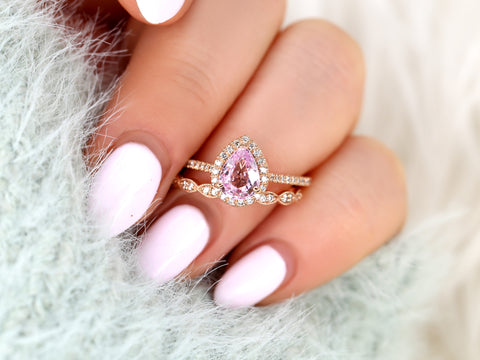 1.40ct Tabitha & Christie 14kt Rose Gold Raspberry Champagne Sapphire Diamond Pear Halo Bridal Set