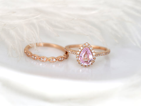 1.40ct Tabitha & Christie 14kt Rose Gold Raspberry Champagne Sapphire Diamond Pear Halo Bridal Set