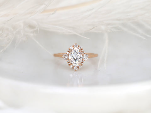 1.50ct Nola 8x6mm 14kt Moissanite Diamond Three Stone Oval Halo Ring